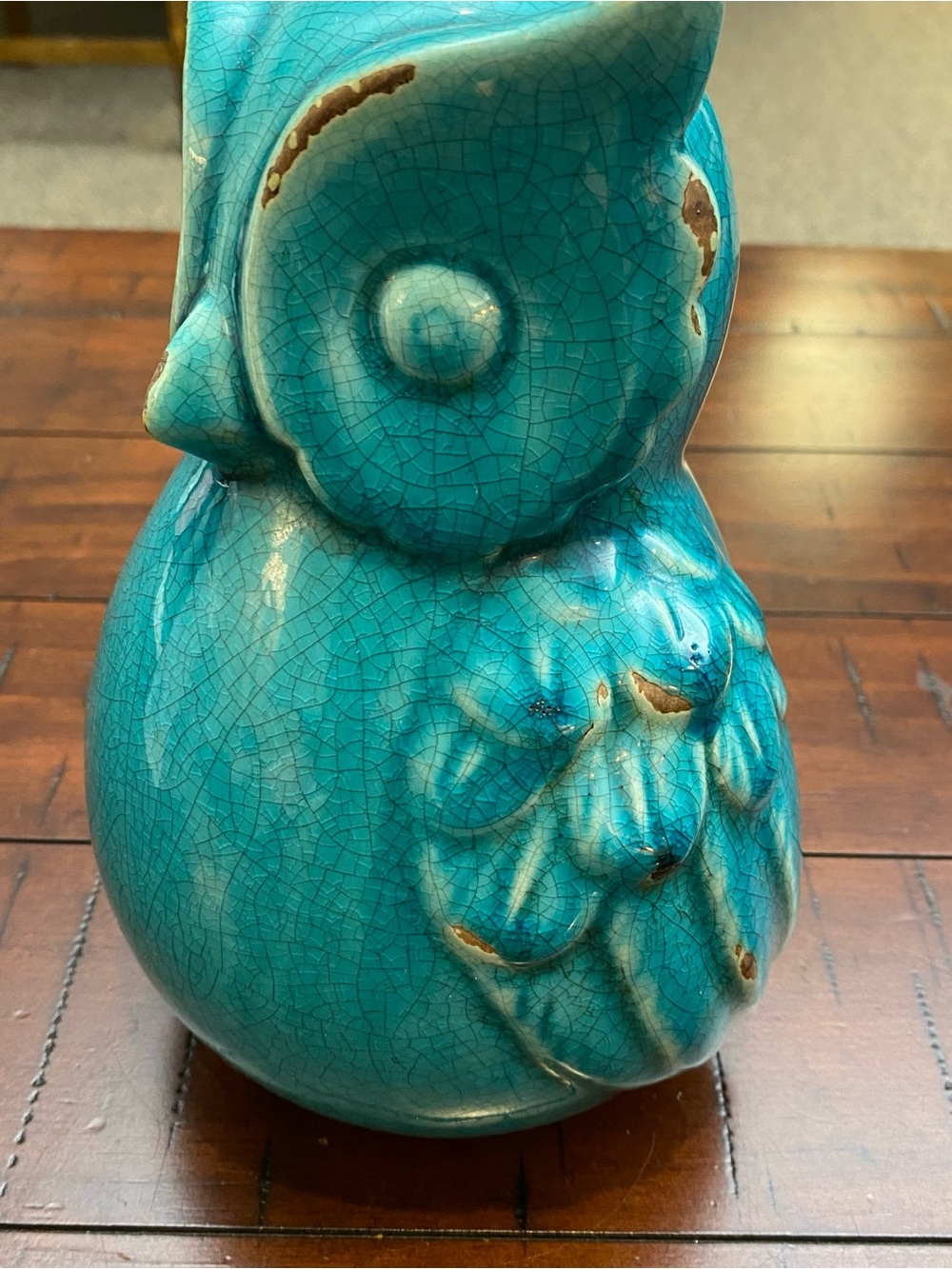 Large 9” Teal/Turquoise Ceramic Owl Figurine - Aged Vintage Look Home Decor - Picture 5 of 11